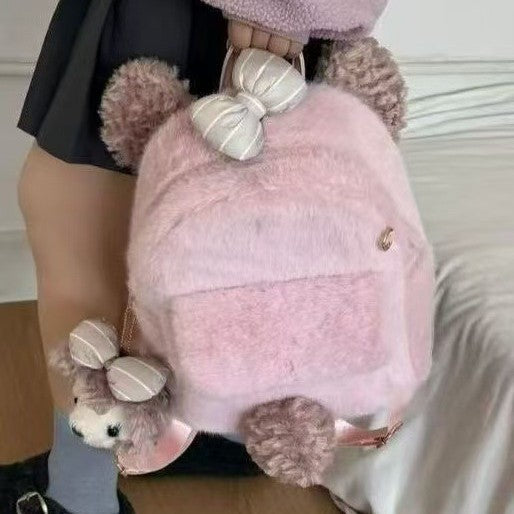 Plush backpack with cute animal ears and pompom