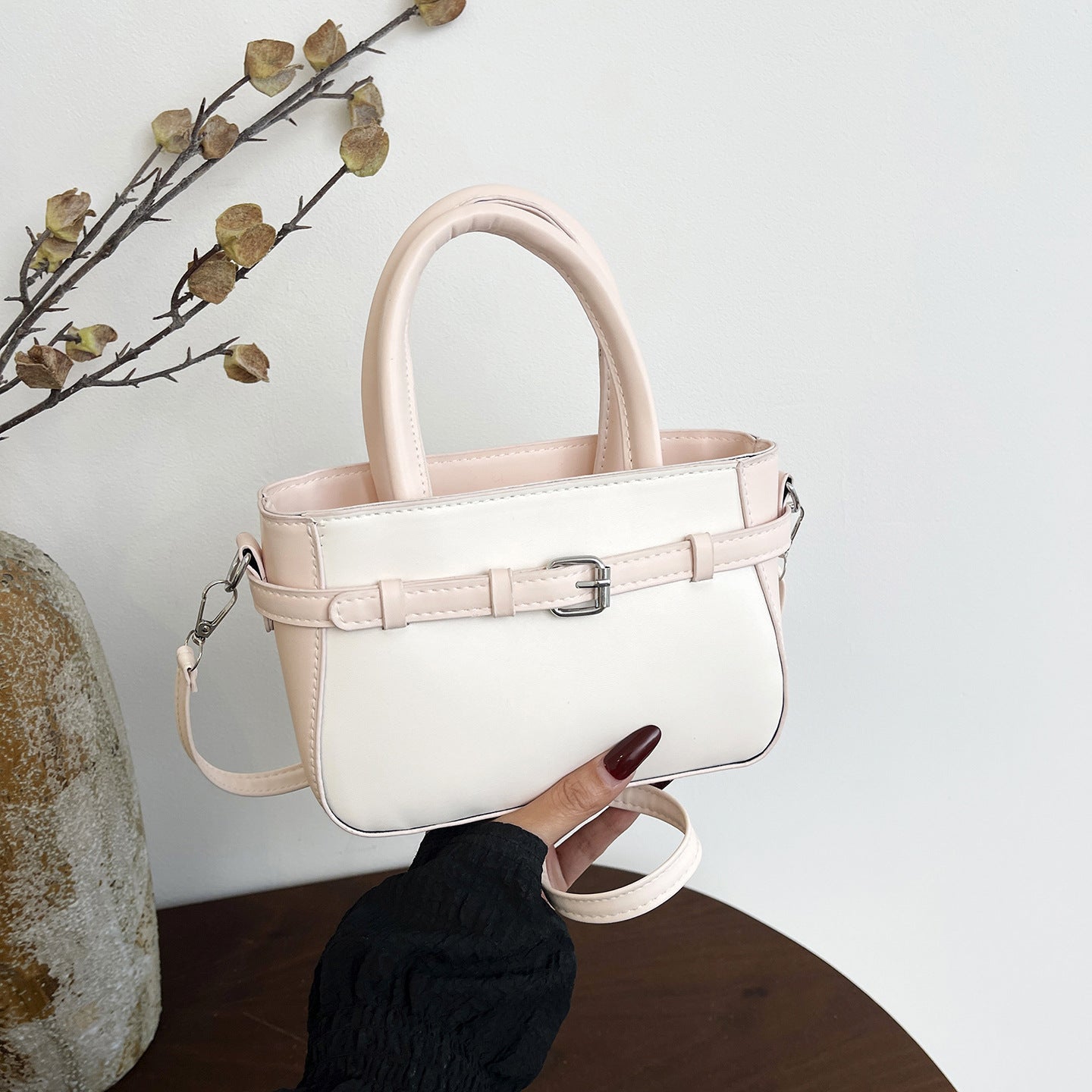 Ladies elegant mini handbag with double carrying handle and removable shoulder chain-https://detail.1688.com/offer/1044724965207.html-Calm Wears-Rosa-nothing-Calm Wears