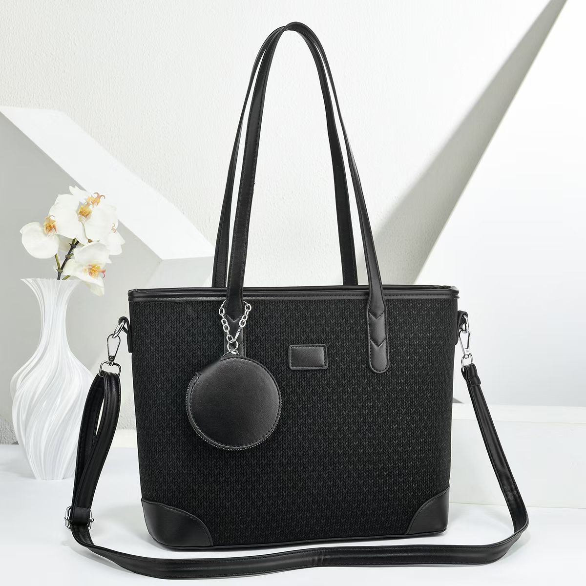 Women elegant tote handbag with textured design and detachable wallet-https://detail.1688.com/offer/999817972435.html-Calm Wears-Black-301225-Calm Wears
