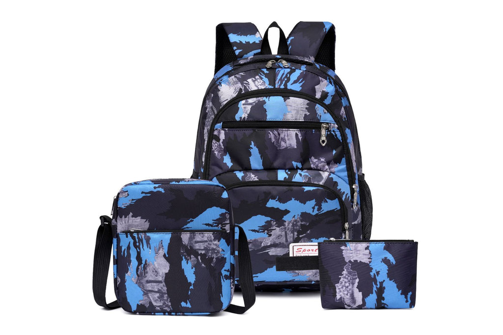 School backpack with multiple compartments and matching accessories