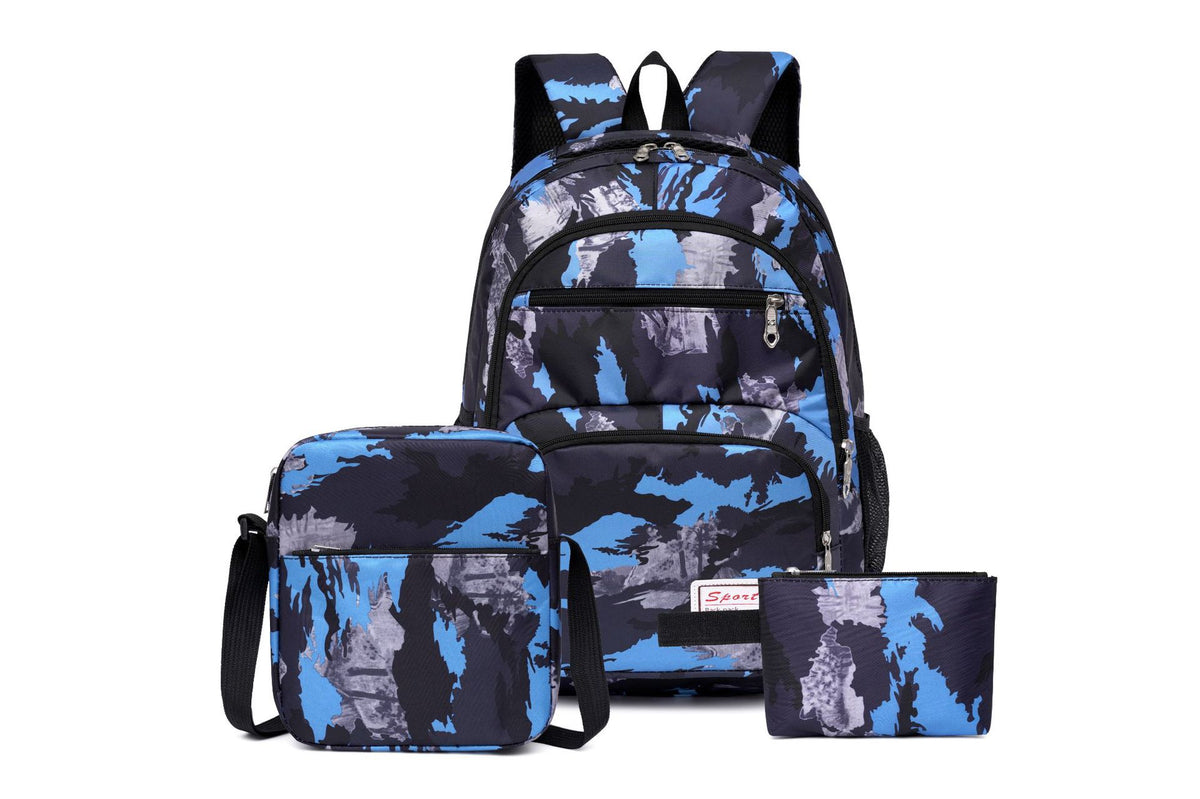 School backpack with multiple compartments and matching accessories