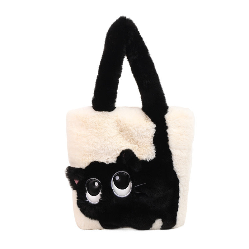 Plush shoulder bag with cat motif