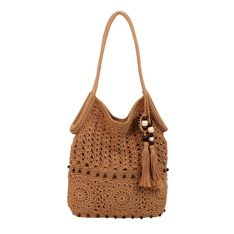 Ladies crocheted shoulder bag with decorative fringes and unique accents-https://detail.1688.com/offer/1016463857877.html-Calm Wears-Khaki-nothing-Calm Wears
