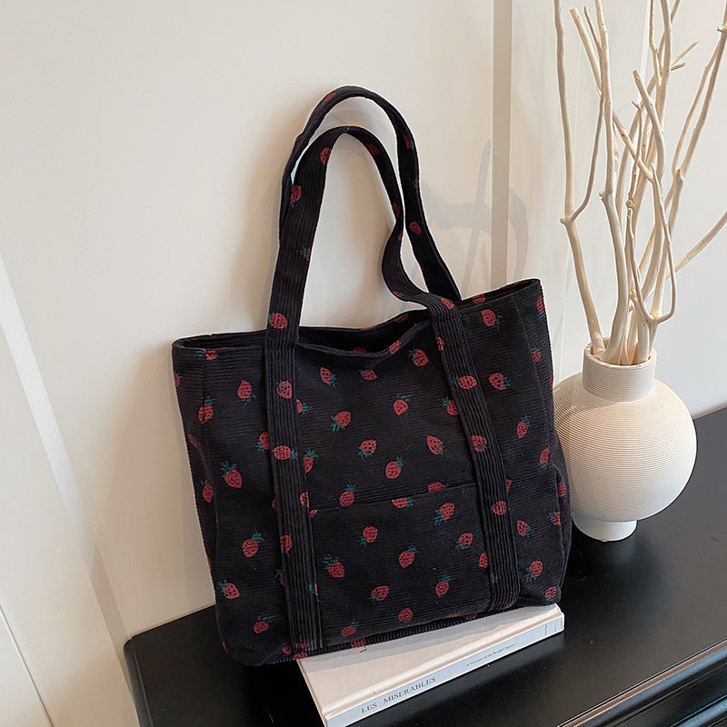 Playful Strawberry Print Corduroy Tote Bag