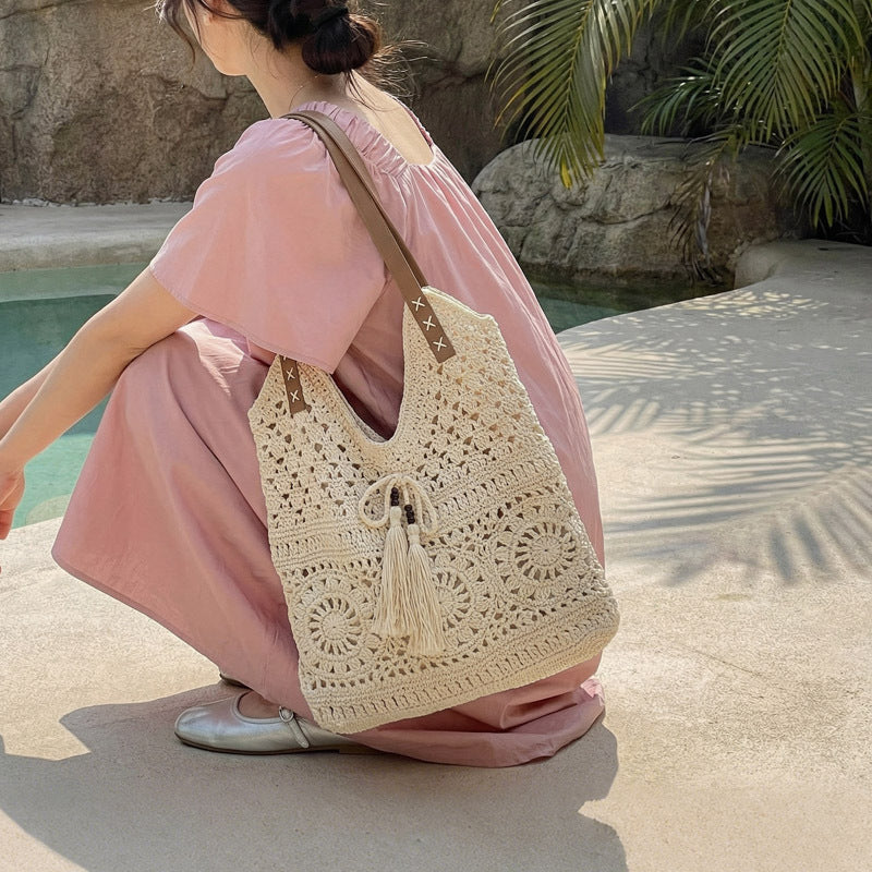 Ladies' crochet shoulder bag with playful fringes and decorative details-https://detail.1688.com/offer/1029609355004.html-Calm Wears-Khaki-nothing-Calm Wears