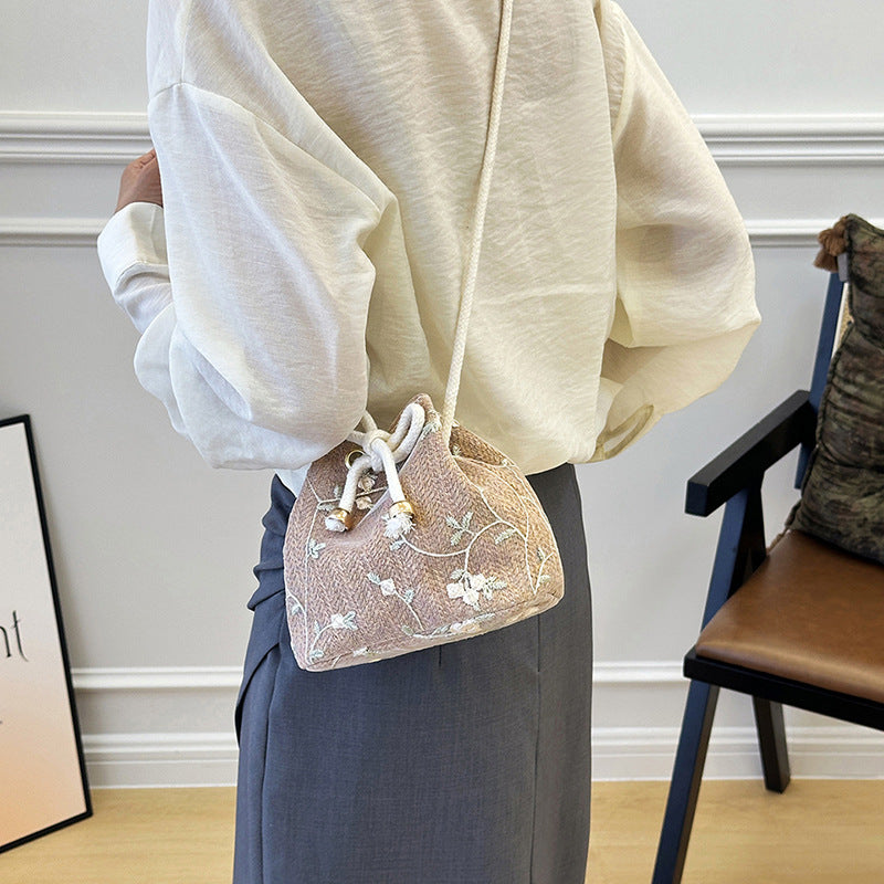 Embroidered Drawstring Bucket Bag