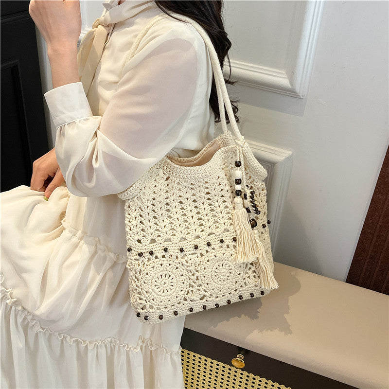Ladies crocheted shoulder bag with decorative fringes and unique accents-https://detail.1688.com/offer/1016463857877.html-Calm Wears-White-nothing-Calm Wears