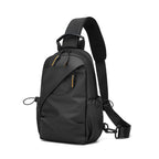 Sling backpack with flexible compartment layout and water-repellent material