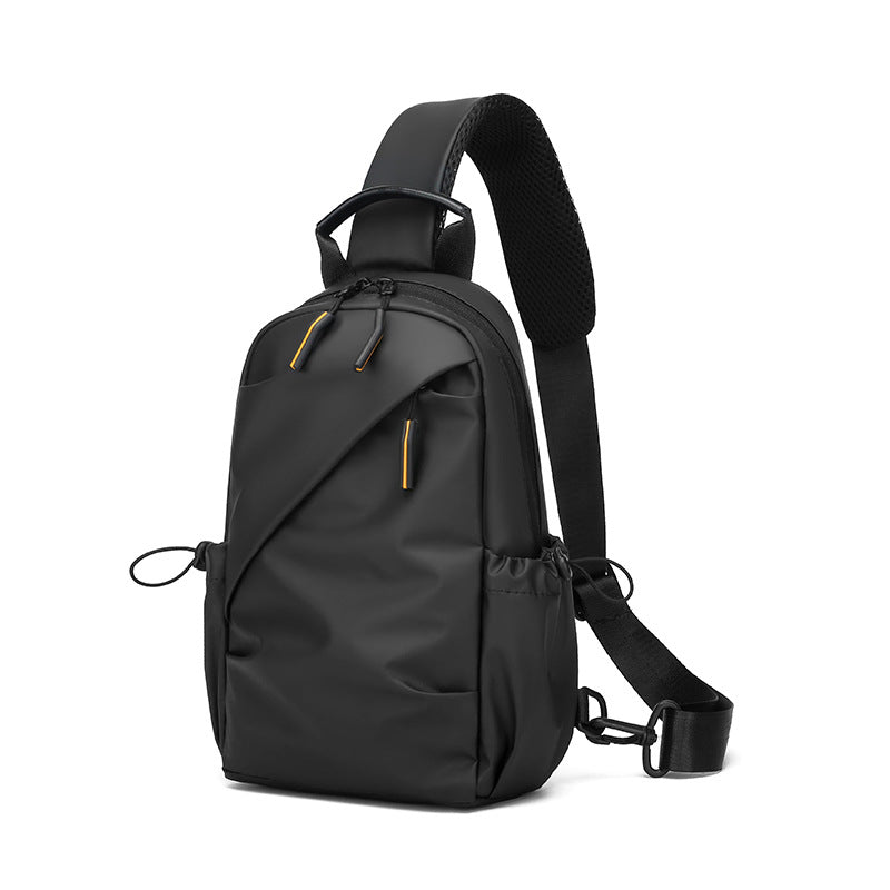 Sling backpack with flexible compartment layout and water-repellent material