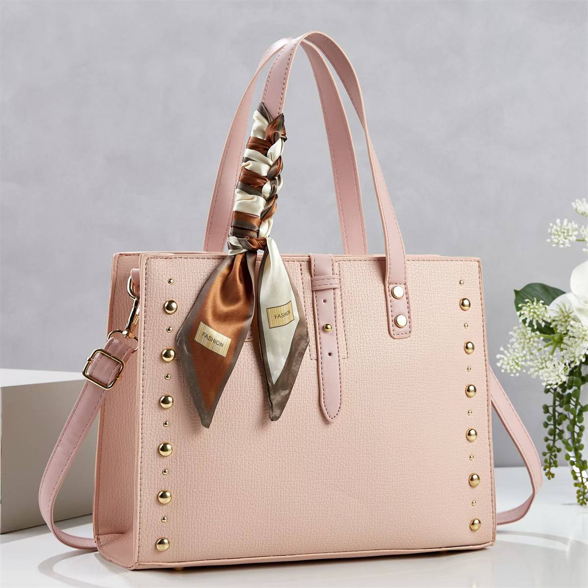 Ladies elegant tote bag with golden studs and fashionable scarf-https://detail.1688.com/offer/1045520995476.html-Calm Wears-Rosa-301023-Calm Wears
