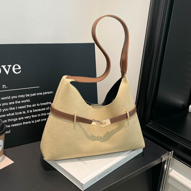 Ladies fashionable suede shoulder bag with contrasting strap-https://detail.1688.com/offer/1028761574969.html-Calm Wears-Khaki-nothing-Calm Wears