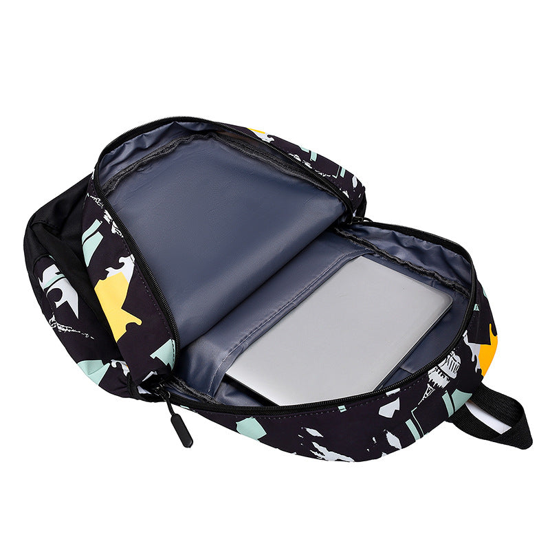 School backpack with multiple compartments and matching accessories