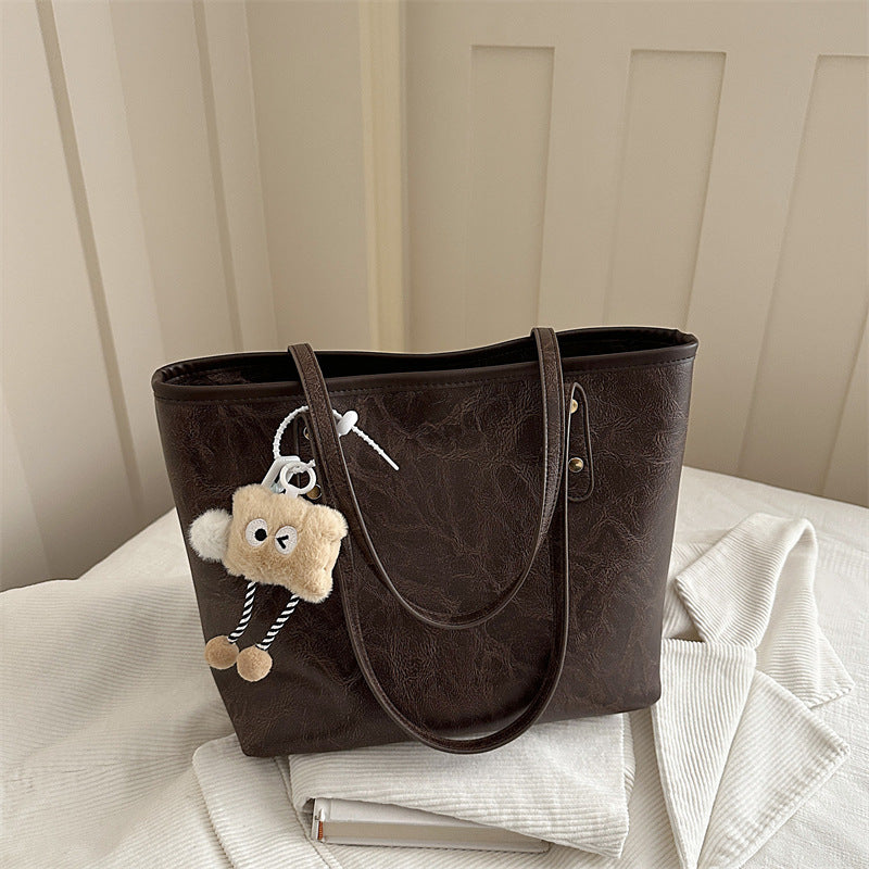 Women's classic tote bag with charming plush toy pendant-https://detail.1688.com/offer/1049019114052.html-Calm Wears-Coffee-Size: Without pendant-Calm Wears