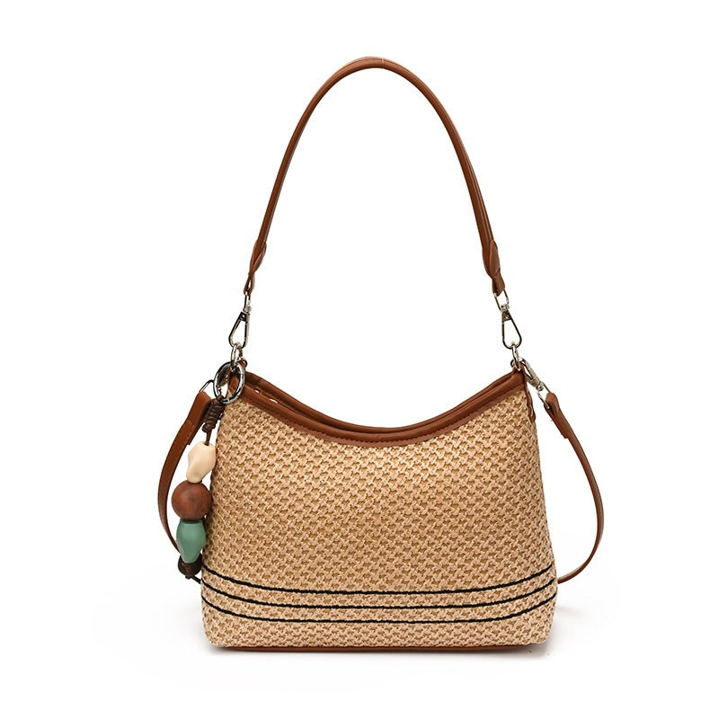 Women's shoulder bag made of woven natural material with decorative pendant-https://detail.1688.com/offer/1060205750794.html-Calm Wears-Braun-Size: With pendant-Calm Wears