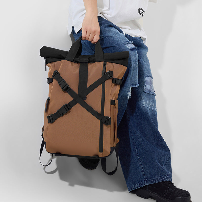 Backpack with roll closure and durable materials