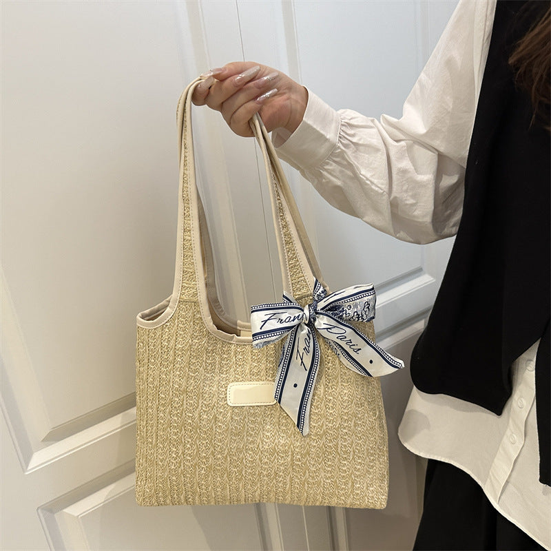 Textured Weave Tote Bag with Elegant Bow