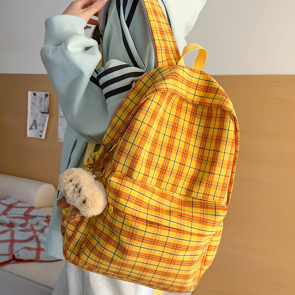 Backpack with Practical Check Pattern and Cute Plush Pendant