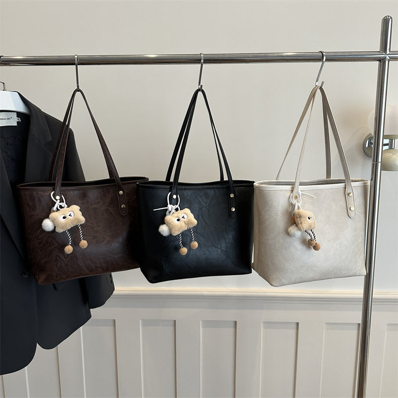 Women's classic tote bag with charming plush toy pendant-https://detail.1688.com/offer/1049019114052.html-Calm Wears-Coffee-Size: Without pendant-Calm Wears