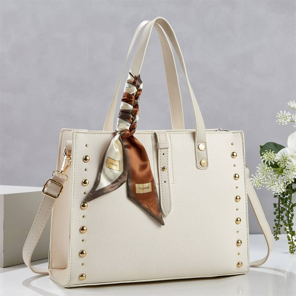 Ladies elegant tote bag with golden studs and fashionable scarf-https://detail.1688.com/offer/1045520995476.html-Calm Wears-Beige-301023-Calm Wears