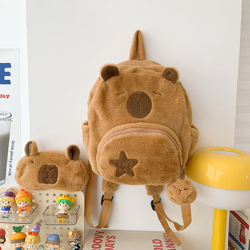 Plush backpack with animal motif and practical compartments