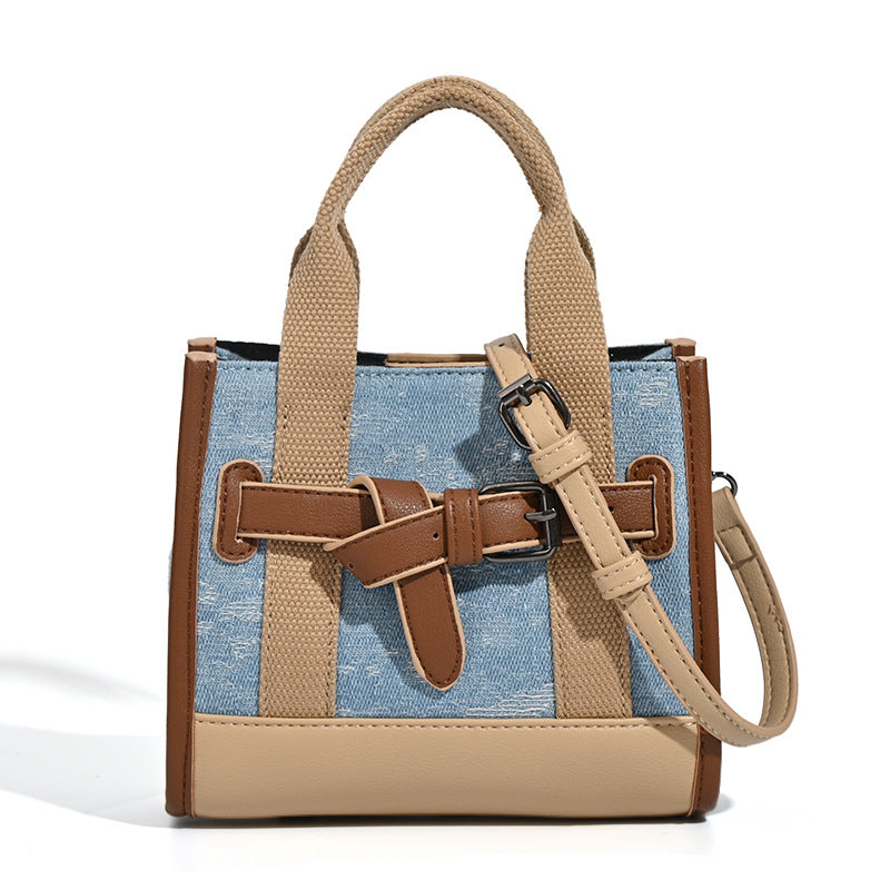 Women's mini handbag with trendy denim elements and practical drawstring