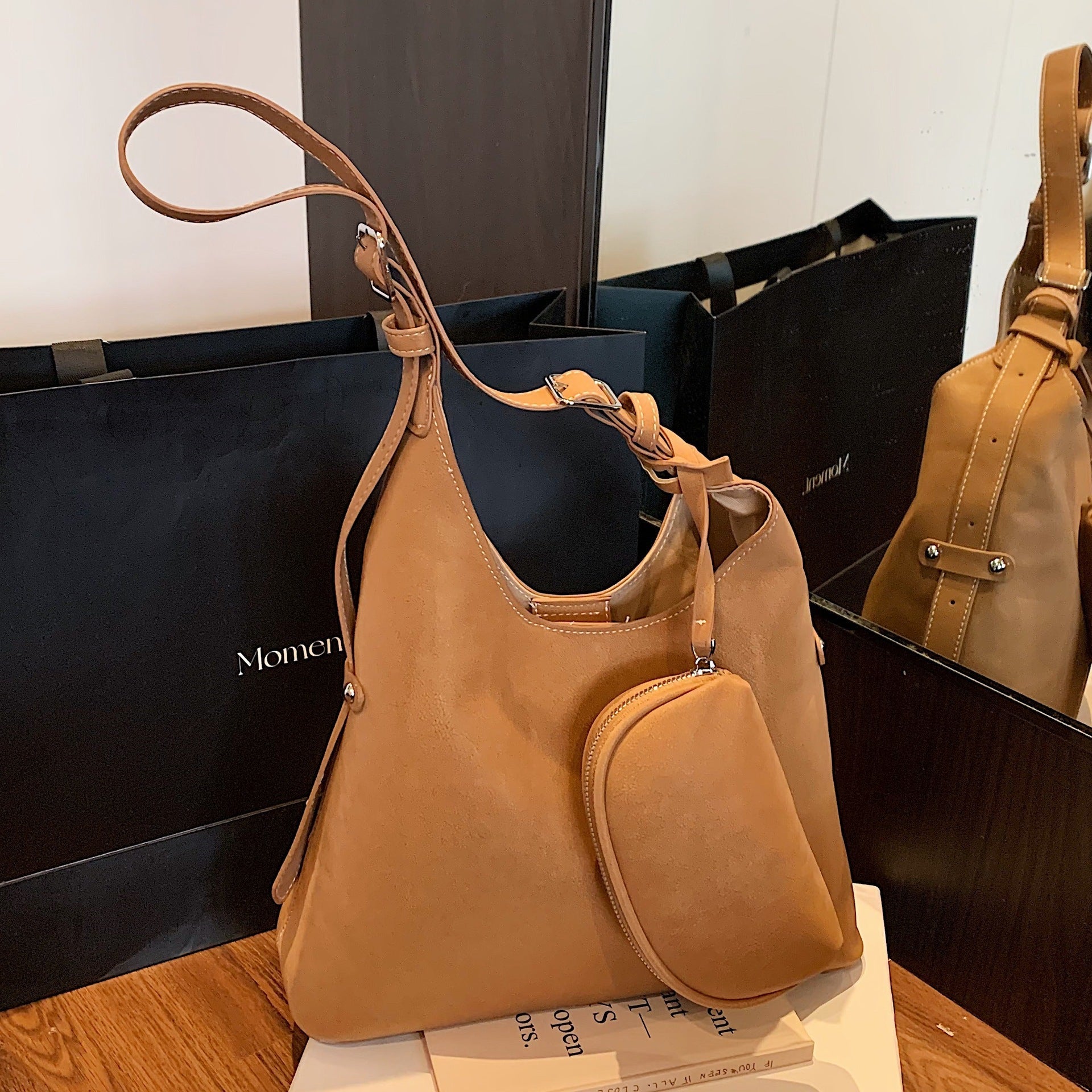 Women's shoulder bag with removable mini organizer-https://detail.1688.com/offer/993238846657.html-Calm Wears-Braun-nothing-Calm Wears