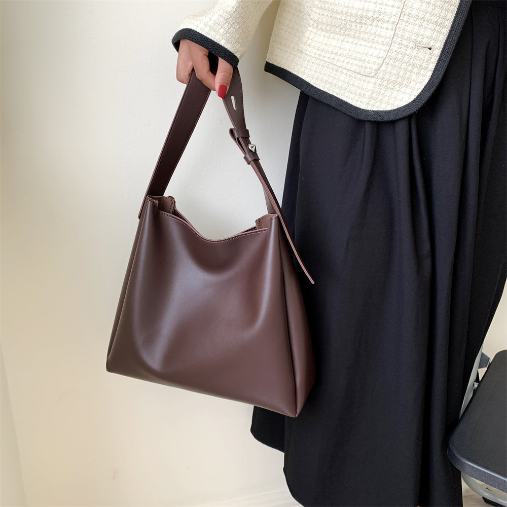 High-Quality Women's Shopper Large Capacity Shoulder Bag Pure Color Wide Strap Soft PU Leather