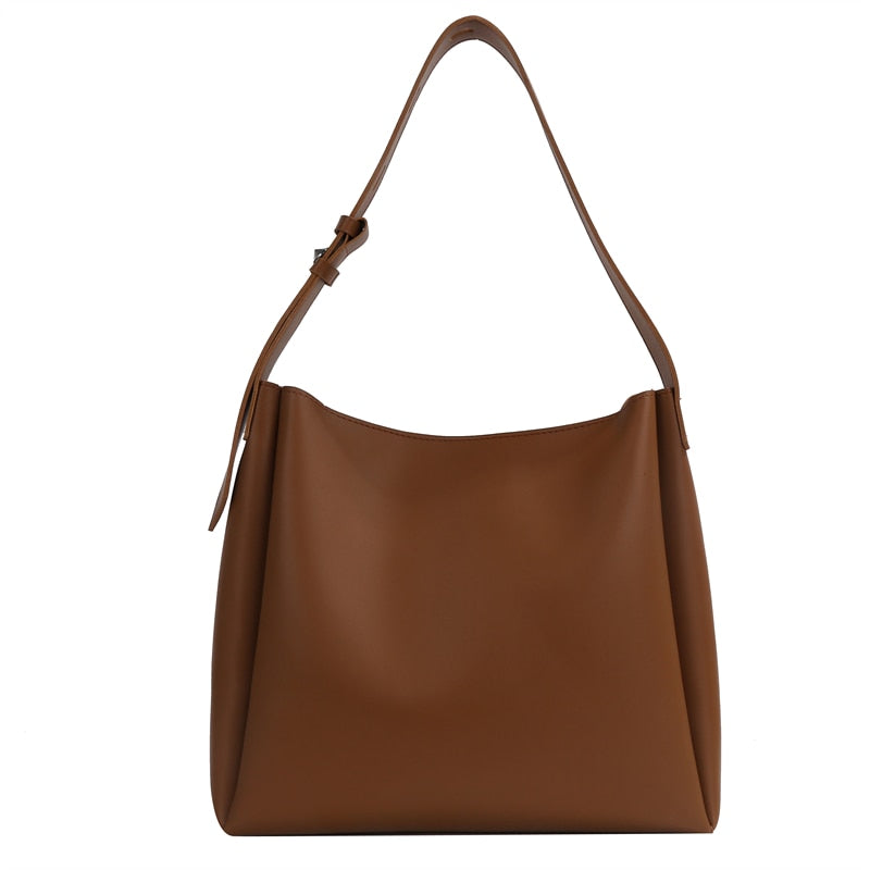 High-Quality Women's Shopper Large Capacity Shoulder Bag Pure Color Wide Strap Soft PU Leather-trendvilla20240423-Calm Wears-Auburn-33x30x10cm-Calm Wears