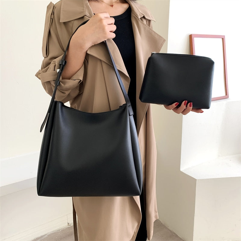 High-Quality Women's Shopper Large Capacity Shoulder Bag Pure Color Wide Strap Soft PU Leather