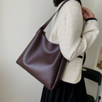 High-Quality Women's Shopper Large Capacity Shoulder Bag Pure Color Wide Strap Soft PU Leather