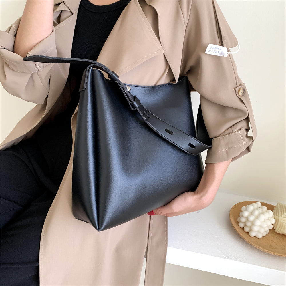 High-Quality Women's Shopper Large Capacity Shoulder Bag Pure Color Wide Strap Soft PU Leather