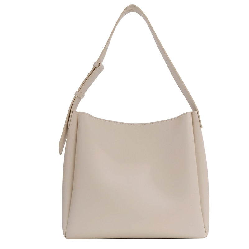 High-Quality Women's Shopper Large Capacity Shoulder Bag Pure Color Wide Strap Soft PU Leather-trendvilla20240423-Calm Wears-White-33x30x10cm-Calm Wears