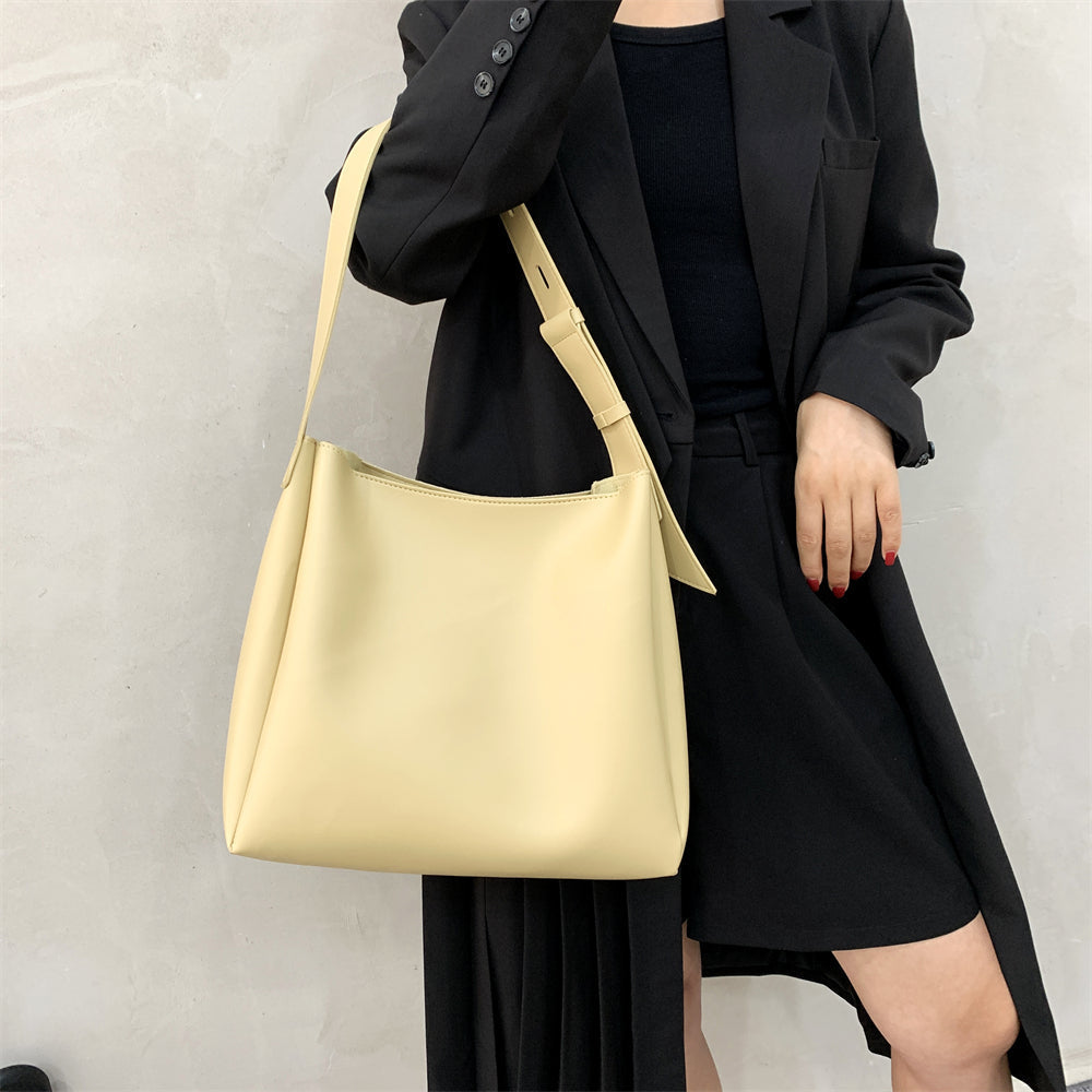 High-Quality Women's Shopper Large Capacity Shoulder Bag Pure Color Wide Strap Soft PU Leather