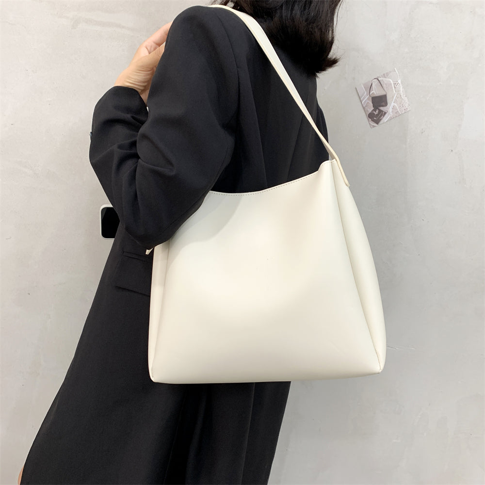 High-Quality Women's Shopper Large Capacity Shoulder Bag Pure Color Wide Strap Soft PU Leather