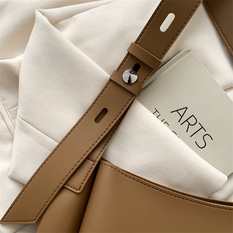 High-Quality Women's Shopper Large Capacity Shoulder Bag Pure Color Wide Strap Soft PU Leather