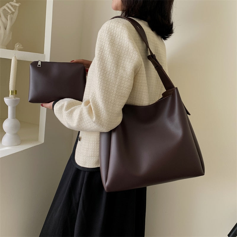 High-Quality Women's Shopper Large Capacity Shoulder Bag Pure Color Wide Strap Soft PU Leather
