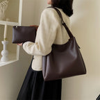 High-Quality Women's Shopper Large Capacity Shoulder Bag Pure Color Wide Strap Soft PU Leather