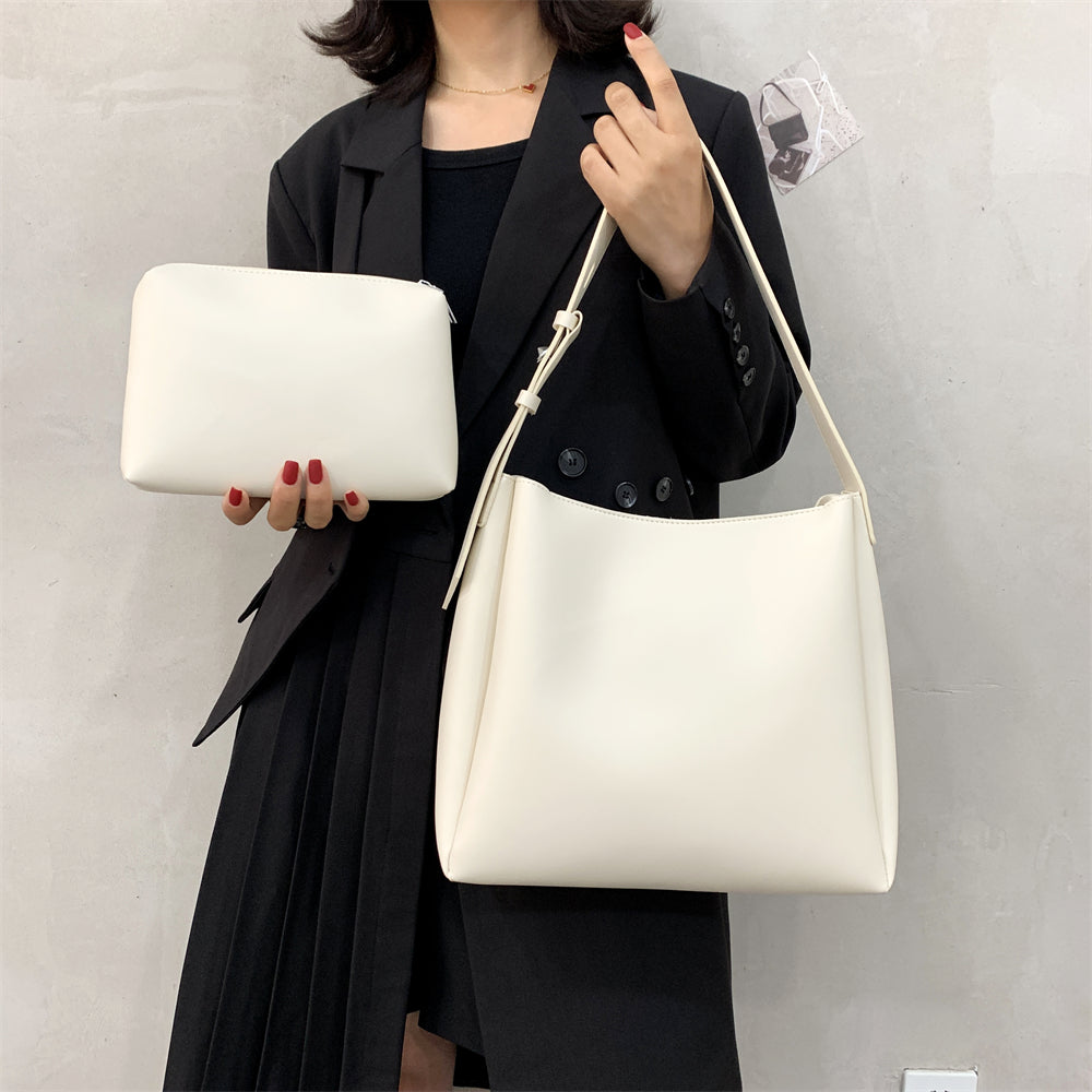 High-Quality Women's Shopper Large Capacity Shoulder Bag Pure Color Wide Strap Soft PU Leather