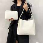 High-Quality Women's Shopper Large Capacity Shoulder Bag Pure Color Wide Strap Soft PU Leather
