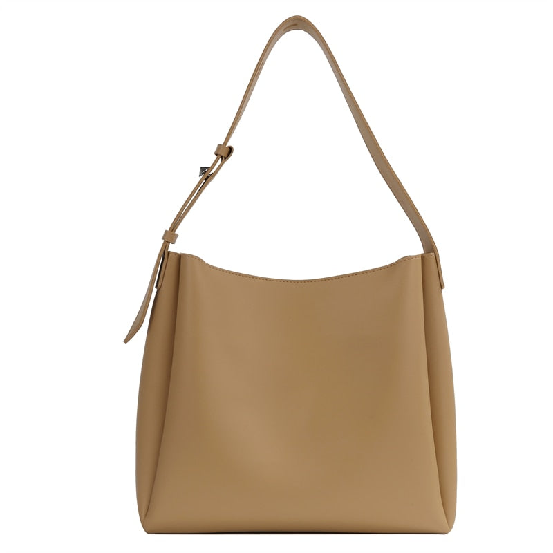 High-Quality Women's Shopper Large Capacity Shoulder Bag Pure Color Wide Strap Soft PU Leather-trendvilla20240423-Calm Wears-Khaki-33x30x10cm-Calm Wears