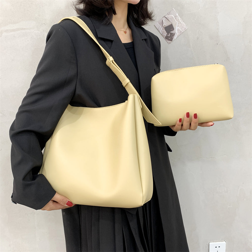 High-Quality Women's Shopper Large Capacity Shoulder Bag Pure Color Wide Strap Soft PU Leather