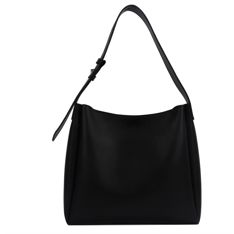 High-Quality Women's Shopper Large Capacity Shoulder Bag Pure Color Wide Strap Soft PU Leather