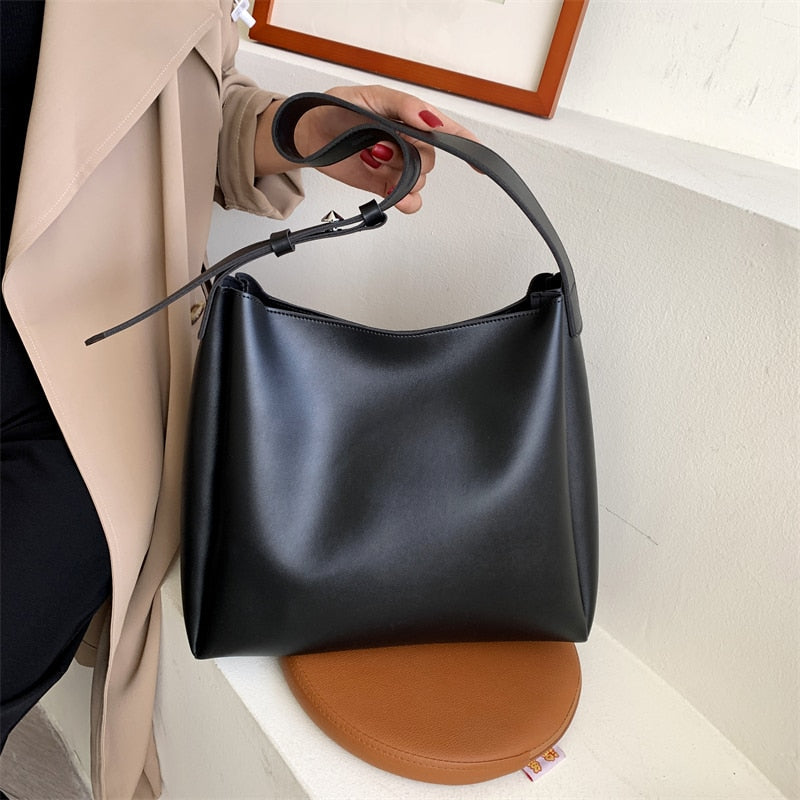 High-Quality Women's Shopper Large Capacity Shoulder Bag Pure Color Wide Strap Soft PU Leather