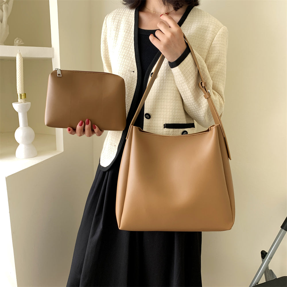 High-Quality Women's Shopper Large Capacity Shoulder Bag Pure Color Wide Strap Soft PU Leather