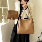 High-Quality Women's Shopper Large Capacity Shoulder Bag Pure Color Wide Strap Soft PU Leather