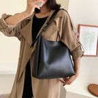 High-Quality Women's Shopper Large Capacity Shoulder Bag Pure Color Wide Strap Soft PU Leather
