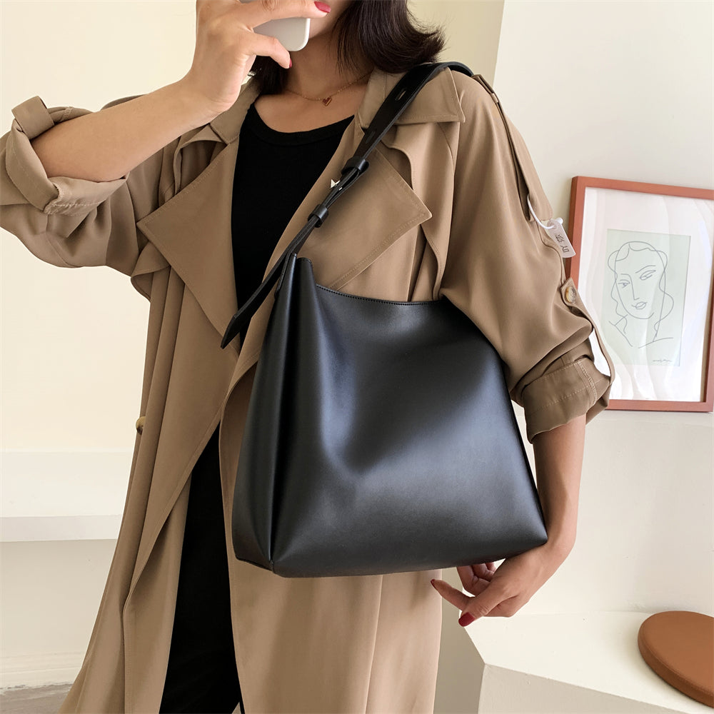 High-Quality Women's Shopper Large Capacity Shoulder Bag Pure Color Wide Strap Soft PU Leather