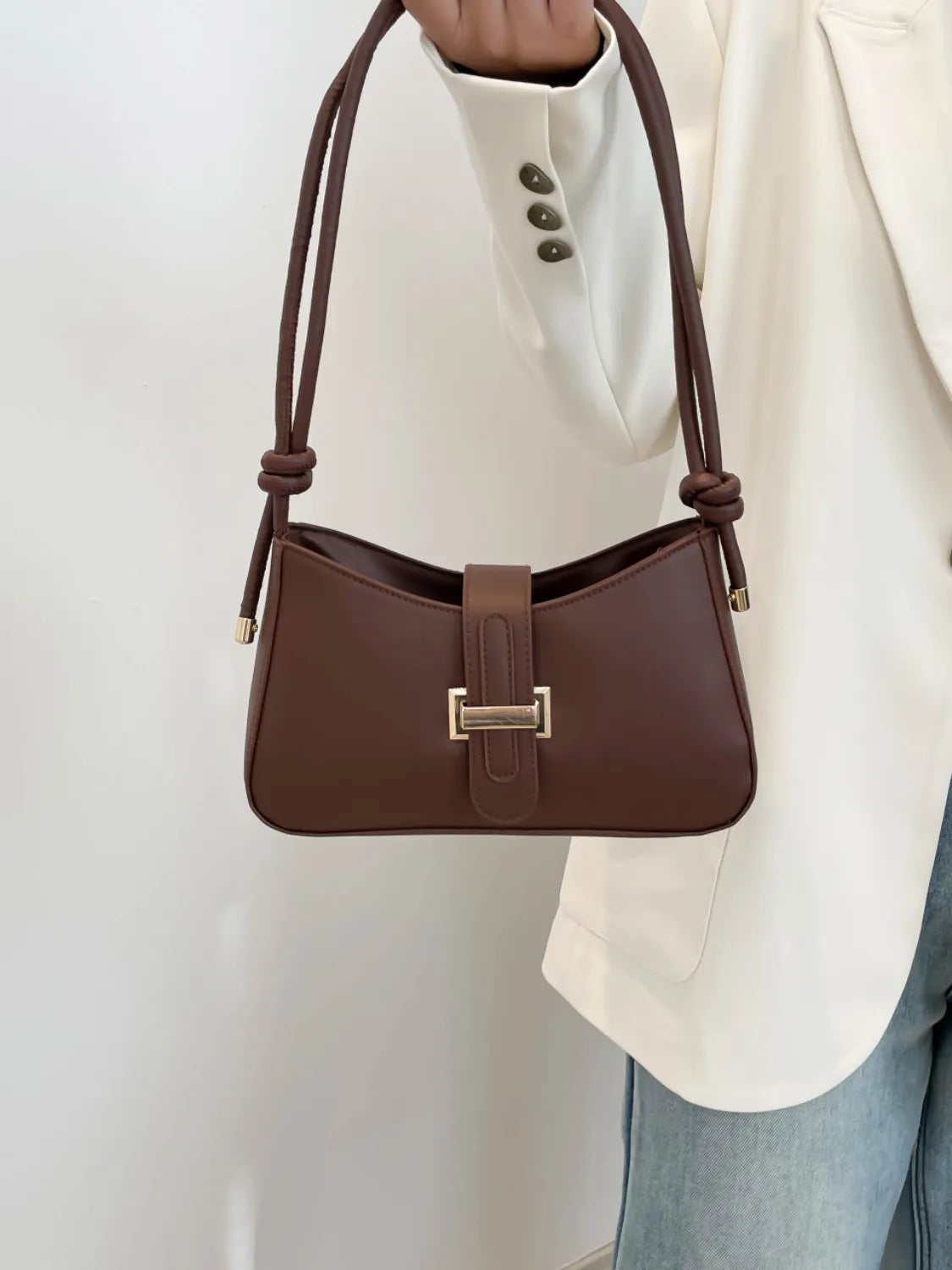 Classic Buckle Shoulder Bag-clare bags20260419-Calm Wears-Dark brown-One size-Calm Wears