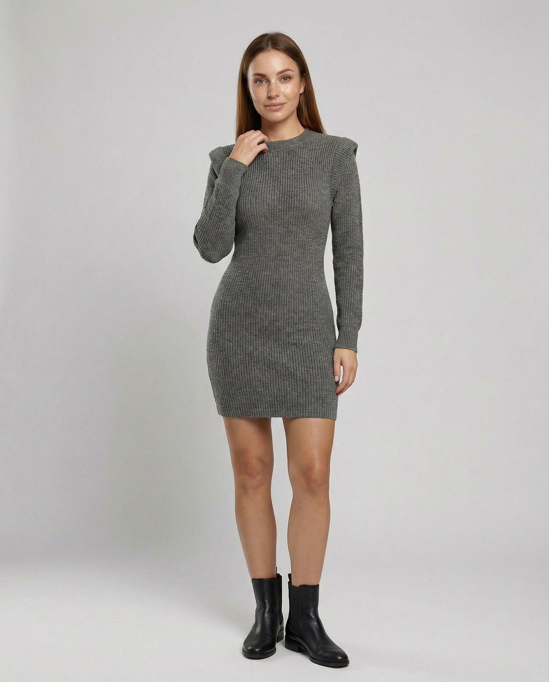 Elegant Figure-Hugging Knitted Midi Dress-van dijk fashion20240814-Calm Wears-Gray-S-Calm Wears