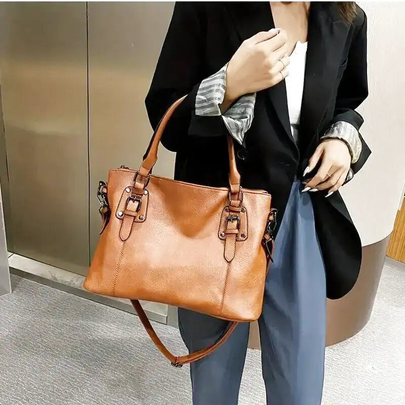 Large Capacity Vintage Soft Leather Handbag with Shoulder Strap-dione couture20260421-Calm Wears-Black-Calm Wears
